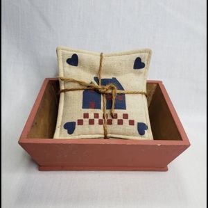 Primitive Handmade Coasters and Wood Saltbox Style Holder Rustic